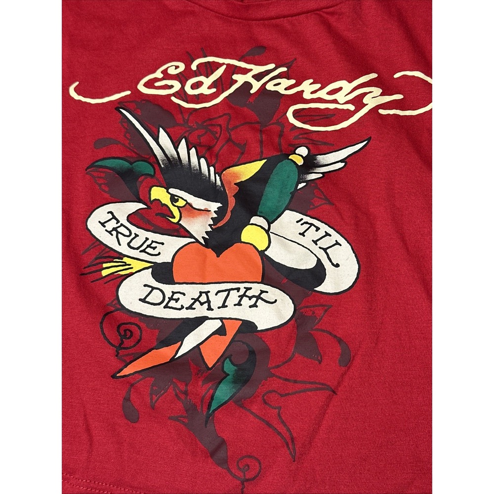Ed Hardy Tattoo Graphic Y2K Festival Biker Crop Top Size Medium - Picture 3 of 5